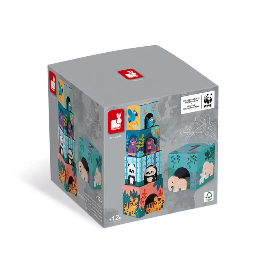 Janod Piramide in cartone e personaggi in legno Gli Animali - In collaborazione con il WWF®